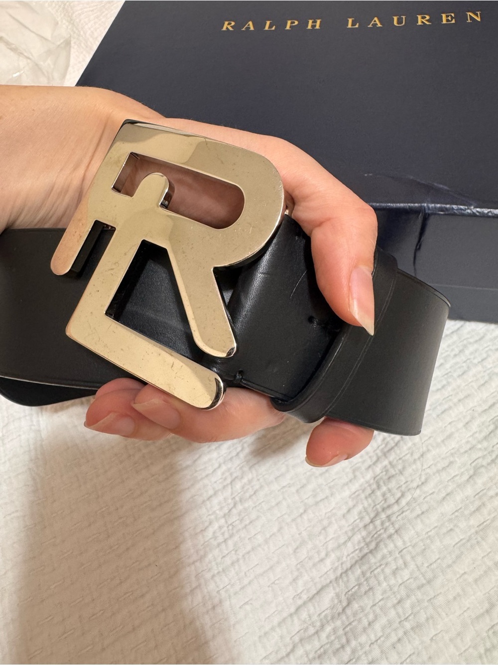 Ralph Lauren Black Leather Belt with Large Silver RL Buckle, size S